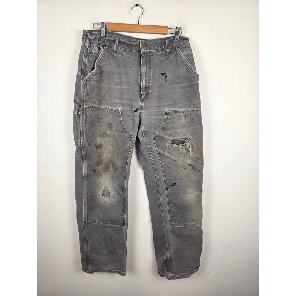 Carhartt Vintage Double Knee Work Pants Grey Distressed Made in USA 33x30